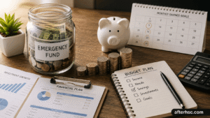 Budget worksheet with categorized expenses, calculator, receipts, and notebook for tracking monthly household spending.