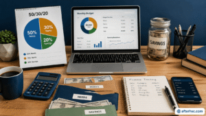 Income comparison chart with savings percentages, calculator, financial notes, and monthly budgeting worksheet.