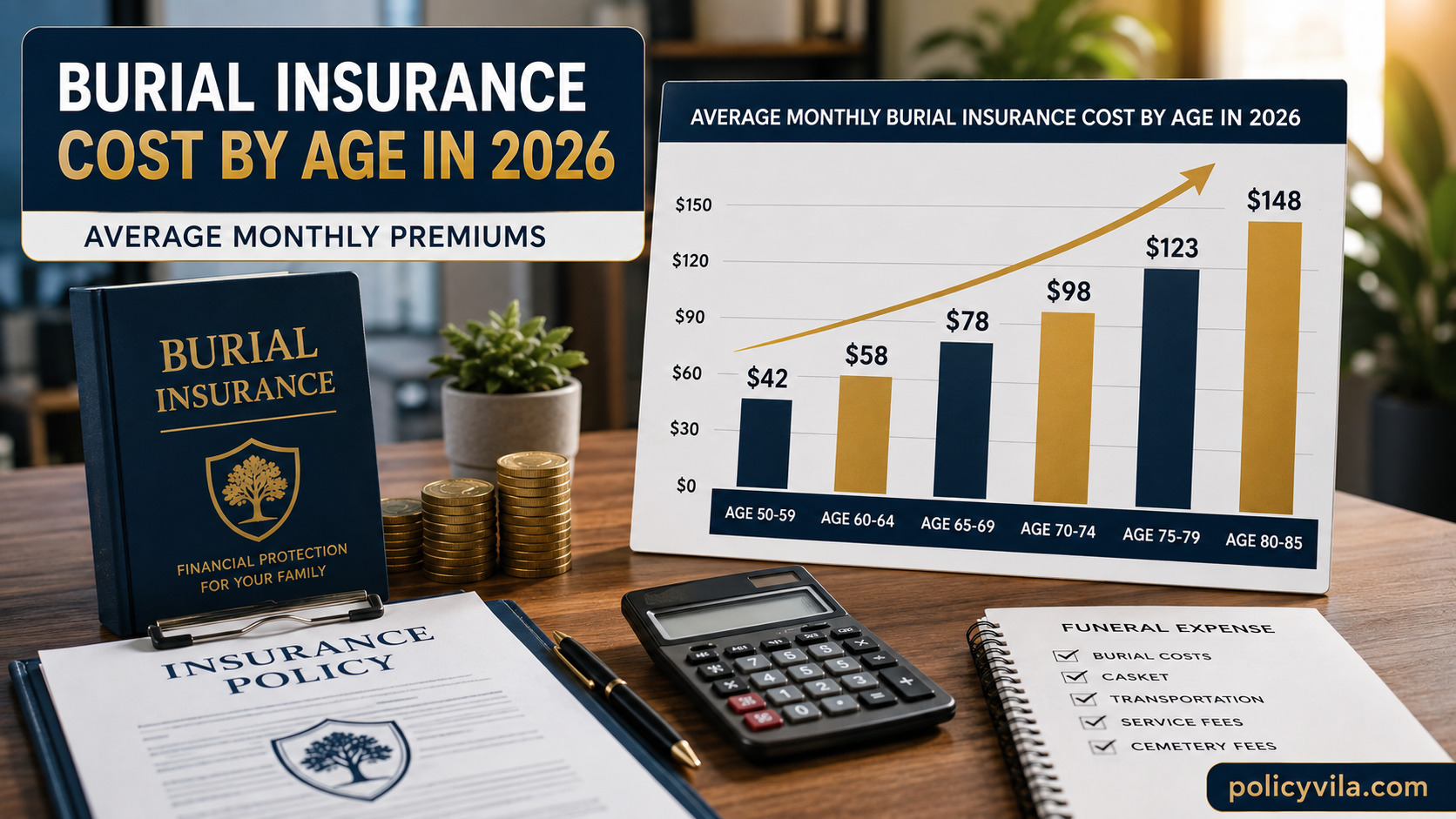 Average burial insurance rates in 2026 with an older couple reviewing coverage options with an insurance advisor