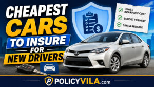 Cheapest cars to insure for new drivers parked outside a modern car dealership with an insurance quote