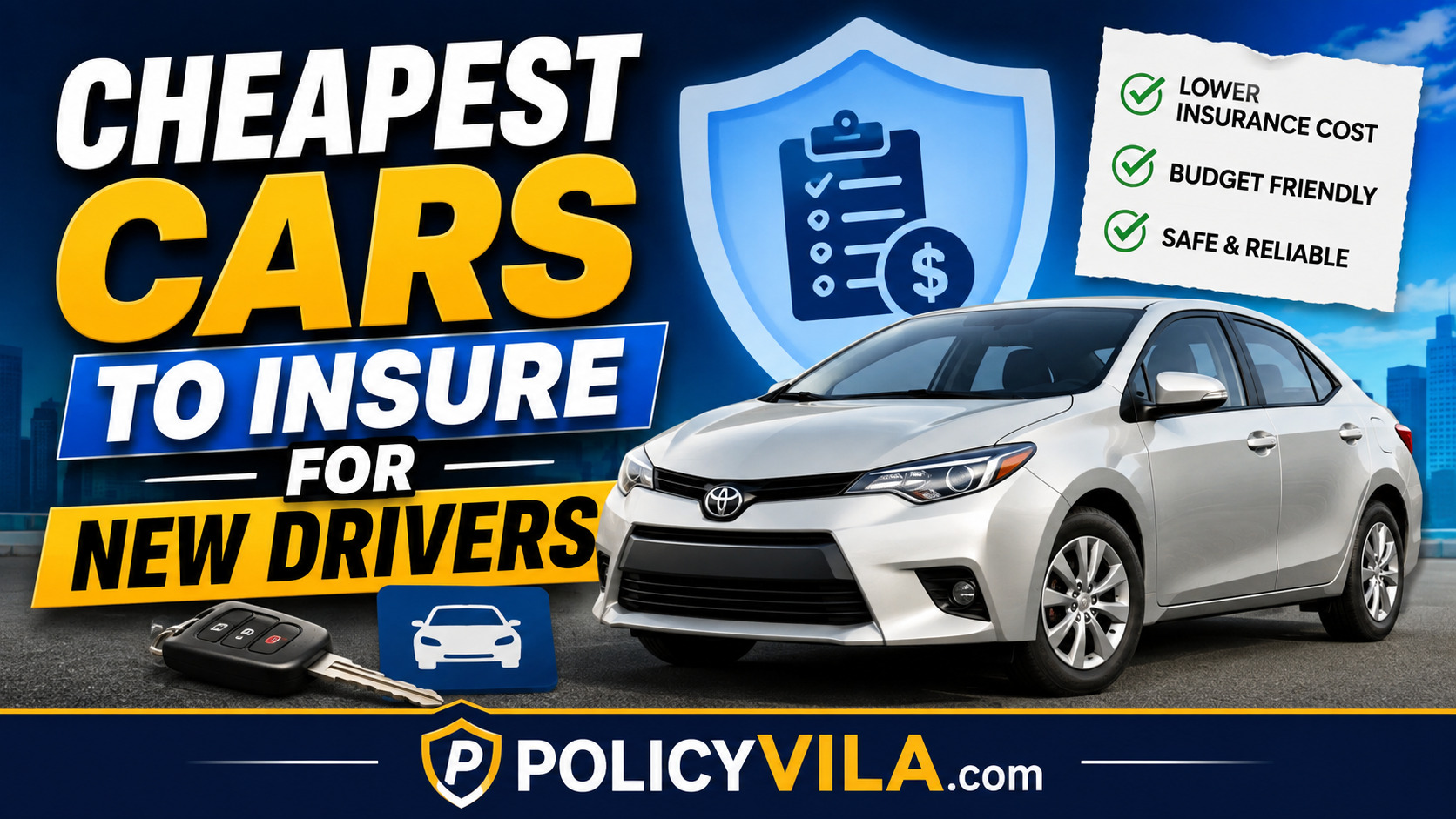 Cheapest cars to insure for new drivers parked outside a modern car dealership with an insurance quote