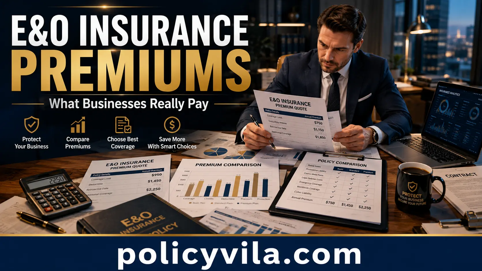 Small business owner reviewing multiple Errors and Omissions insurance quotes with premium comparison documents on a luxury office desk.