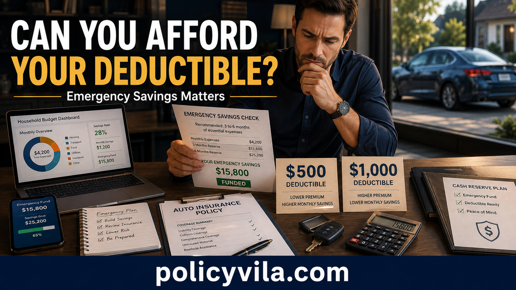 Driver reviewing emergency savings before choosing a car insurance deductible