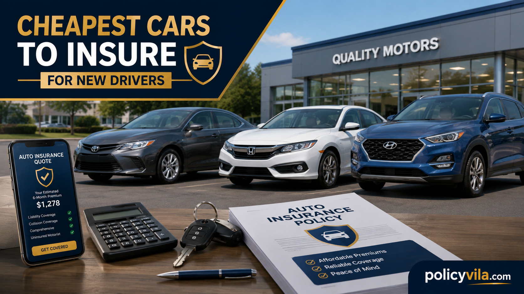 Cheapest cars to insure for new drivers parked outside a modern car dealership with an insurance quote