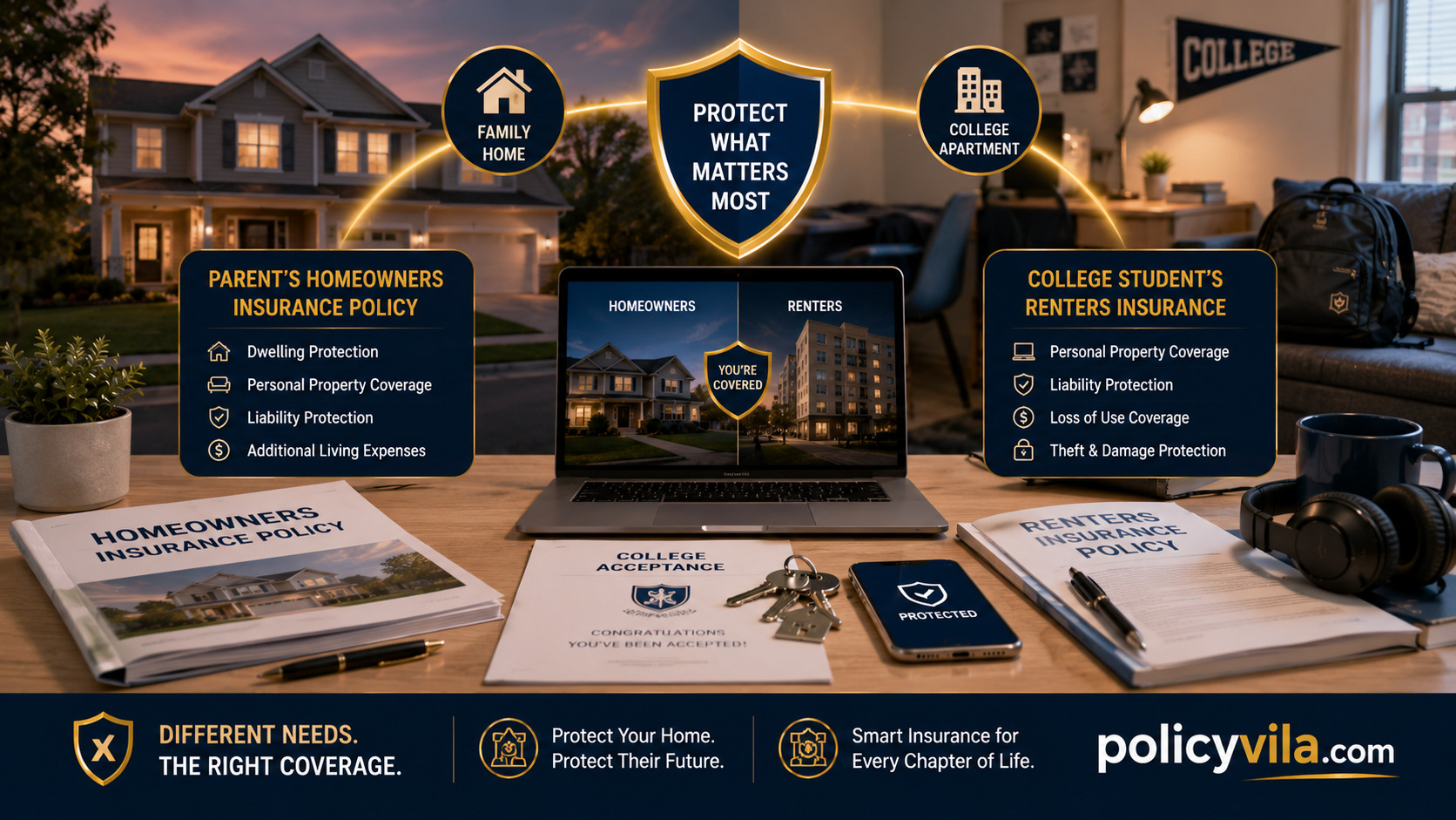 College apartment renters insurance scene showing roommates, shared belongings and potential personal property and liability risks