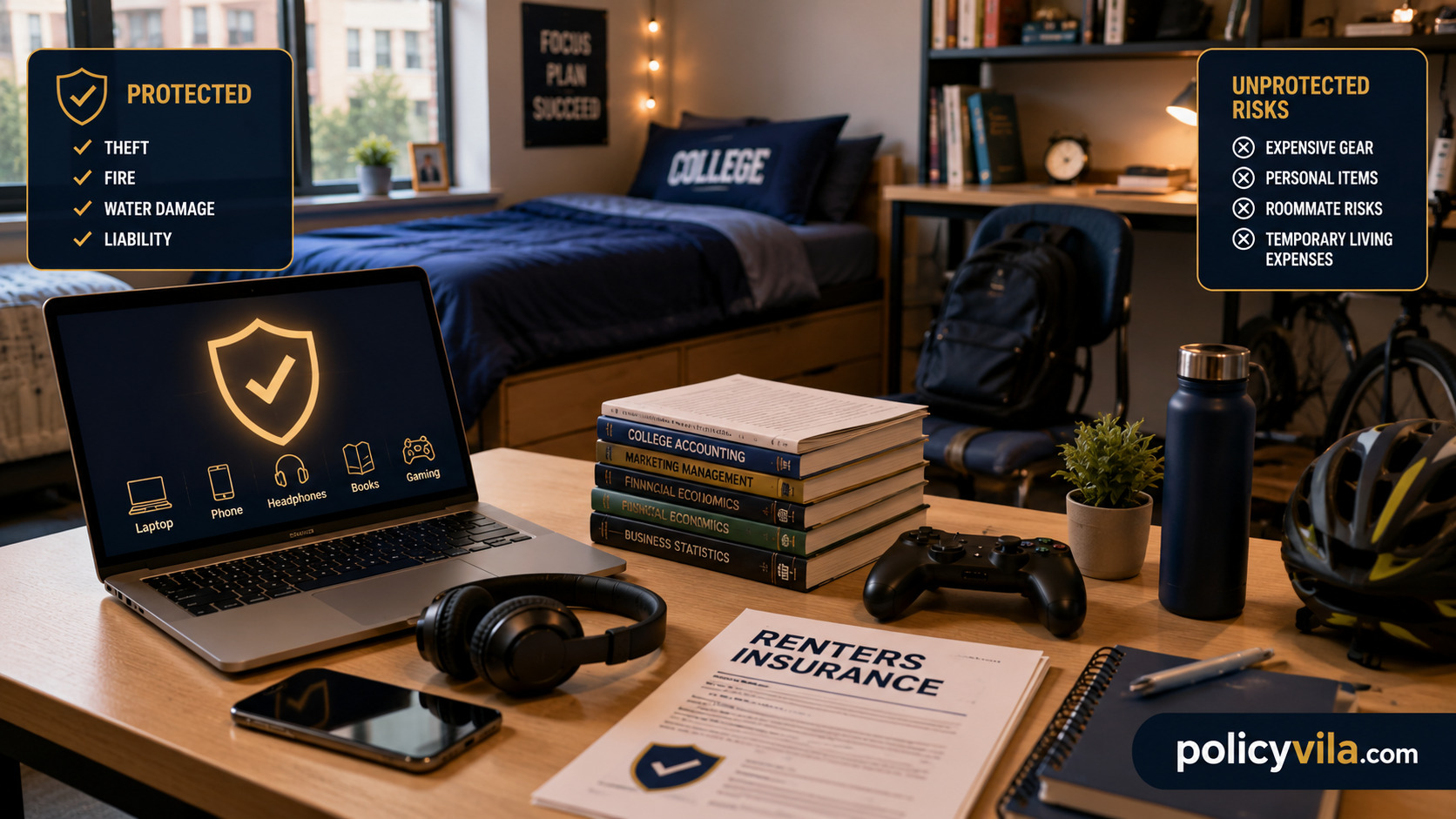 College student renters insurance protecting a laptop, smartphone, camera, headphones, textbooks and bicycle