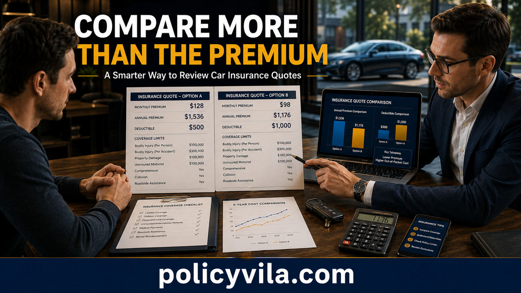 Driver comparing car insurance quotes, deductibles and coverage limits