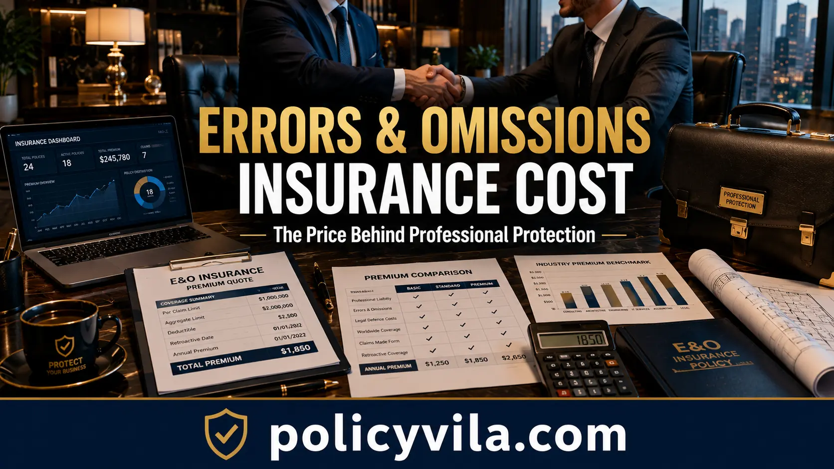 Errors and Omissions insurance policy documents, premium comparison, and business owner meeting with an insurance advisor about professional protection.