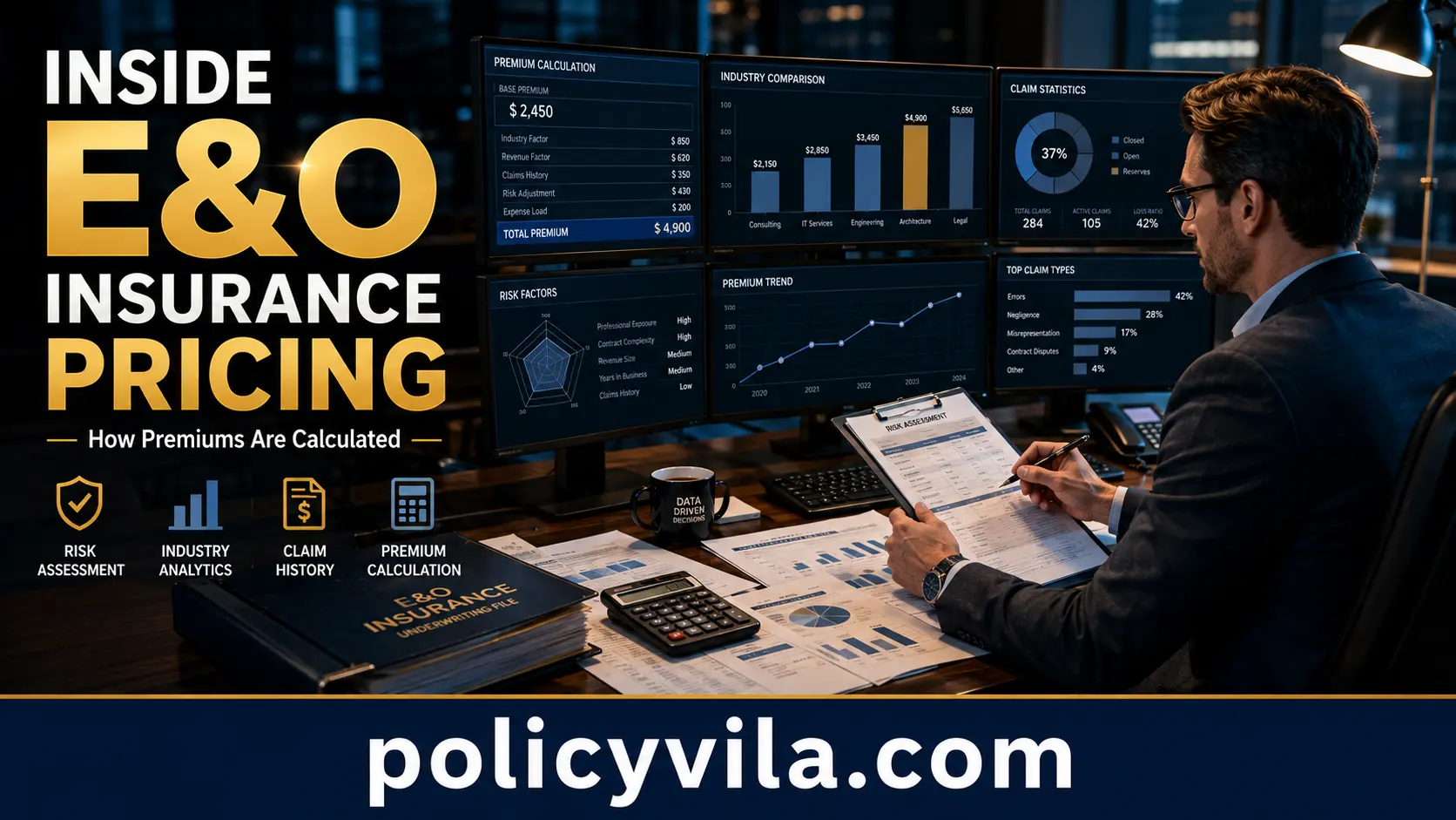 Insurance underwriter analyzing business risk, premium calculations, and claim statistics for Errors and Omissions insurance pricing.