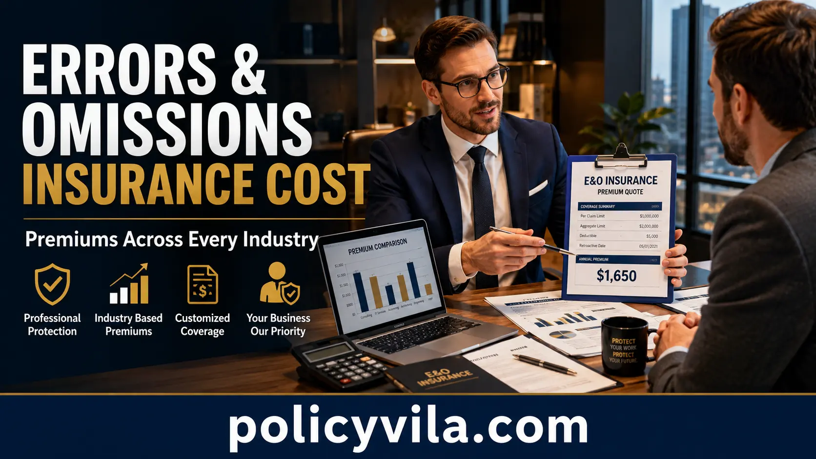 Professional insurance broker explaining Errors and Omissions insurance pricing to a small business owner in a modern office.