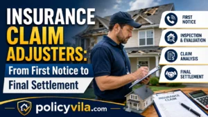 Professional insurance claim adjuster inspecting storm damage at a suburban home while speaking with homeowners during the insurance claim process.