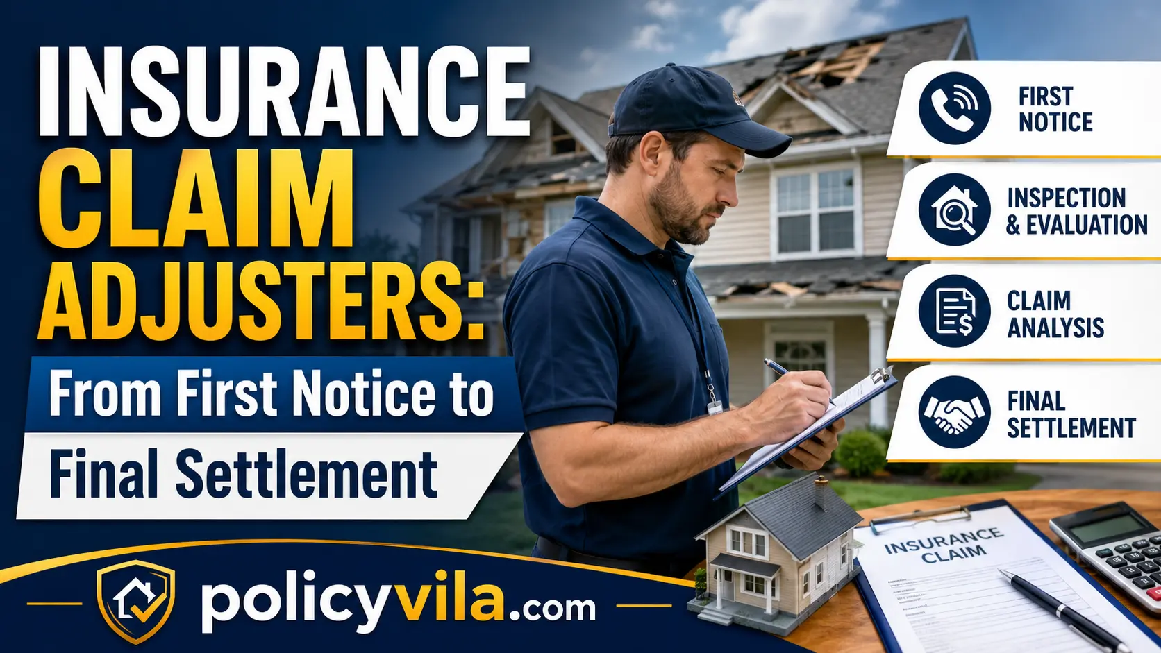 Professional insurance claim adjuster inspecting storm damage at a suburban home while speaking with homeowners during the insurance claim process.