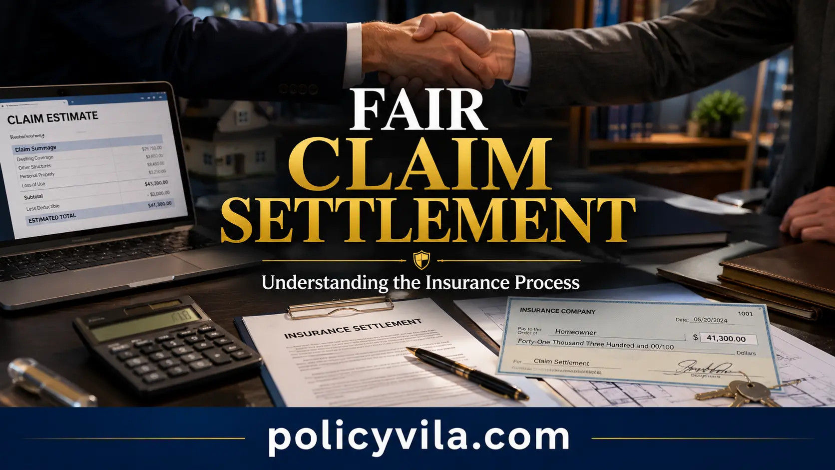 Homeowner and insurance claim adjuster reviewing settlement documents, repair estimates, and insurance claim paperwork.