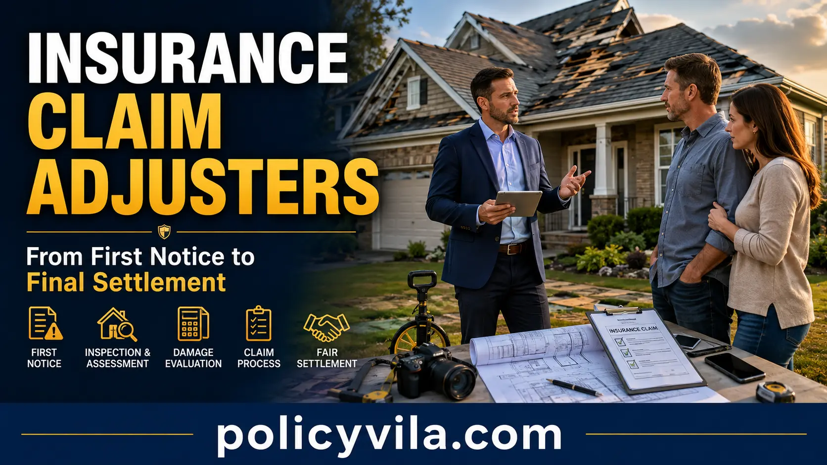 Insurance claim adjuster performing a detailed roof and property damage inspection using digital tools after a severe storm.