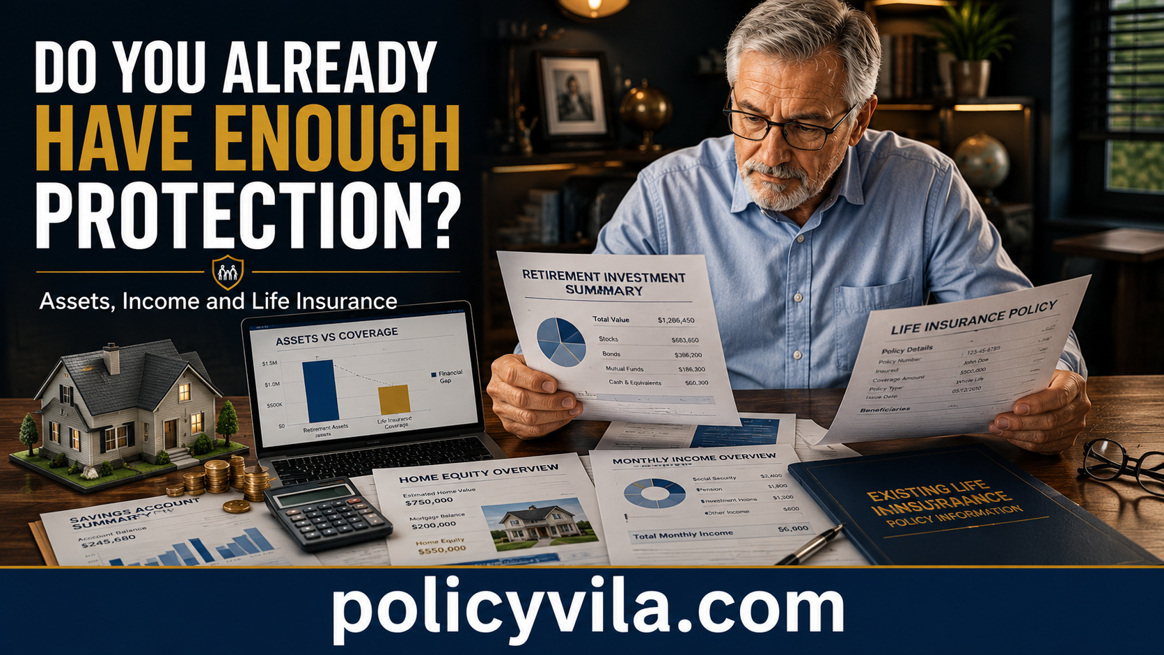 Senior couple reviewing life insurance coverage and beneficiary information during an annual financial review