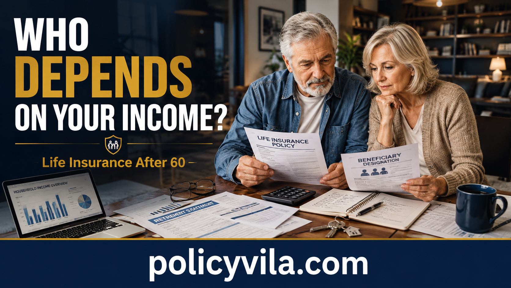 Senior homeowner reviewing a life insurance financial gap worksheet with retirement assets, debt and income needs
