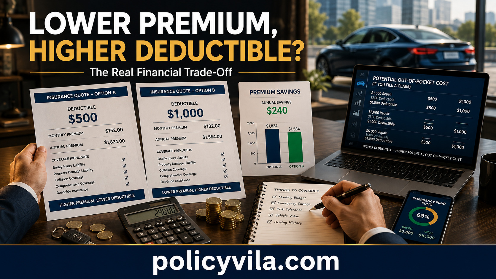 Driver comparing lower car insurance premiums with higher deductible costs