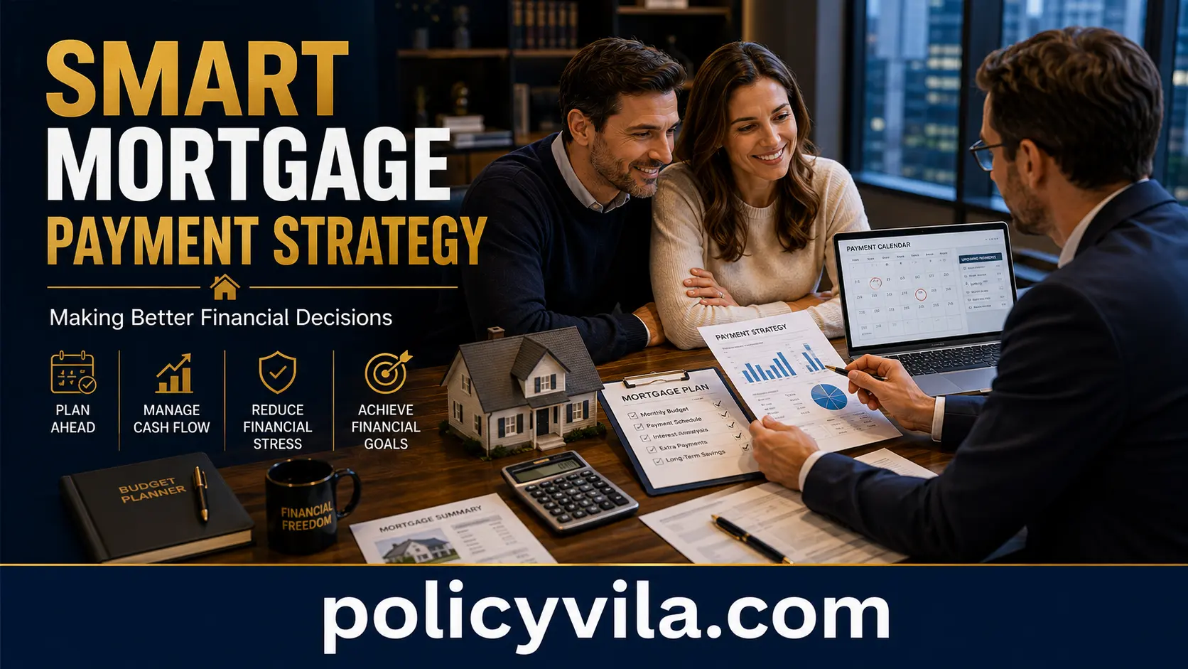 Homeowner reviewing mortgage statement, credit card, budget planner, and payment options to decide whether to pay a mortgage with a credit card.