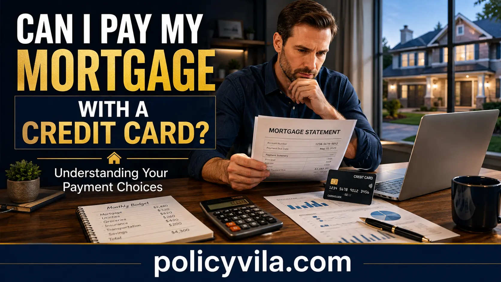 Mortgage payment options comparison showing bank transfer versus credit card payment with financial documents and calculator.