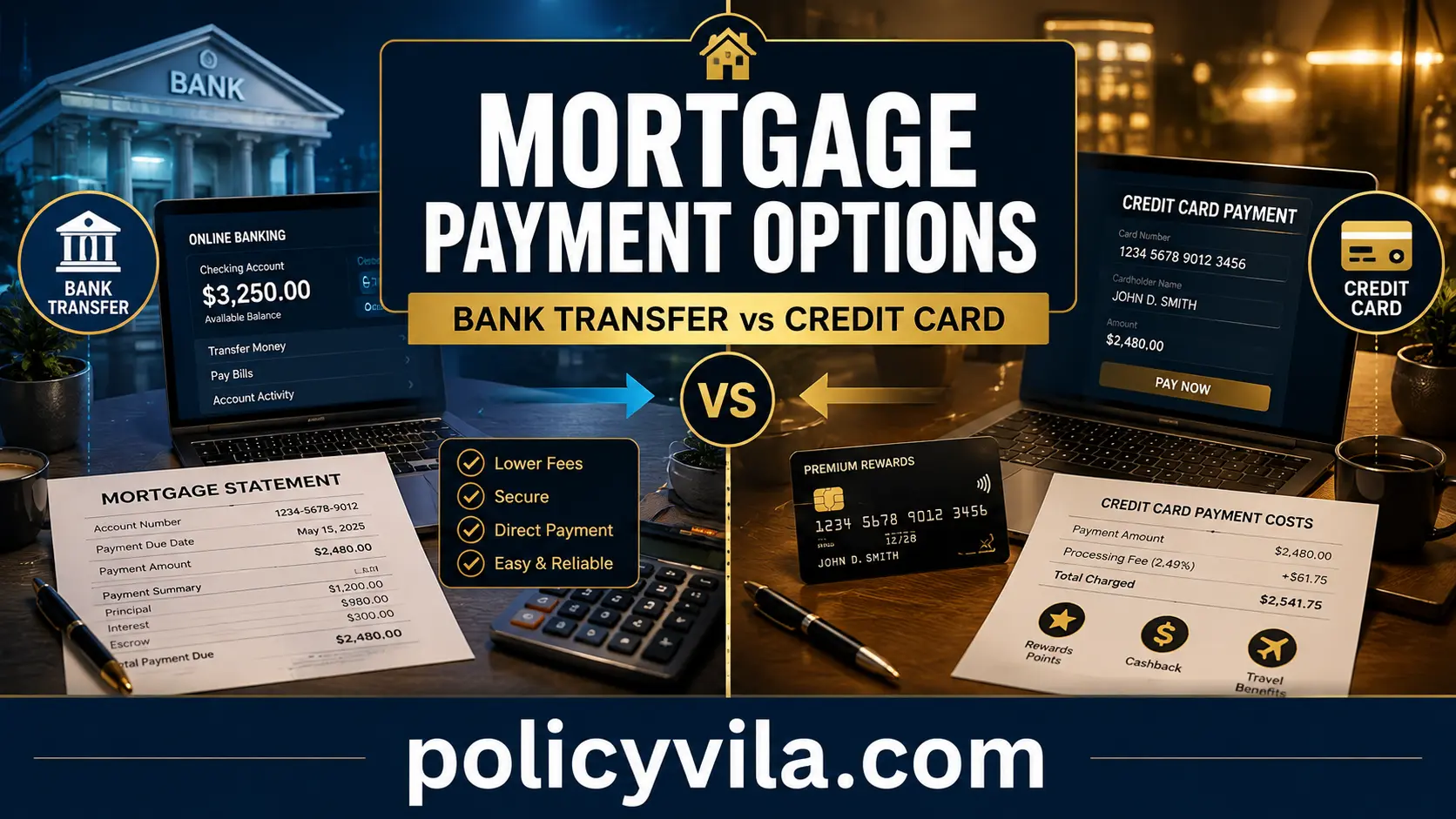 Mortgage payment processing fees explained by a financial advisor using mortgage documents, calculator, and payment charts.