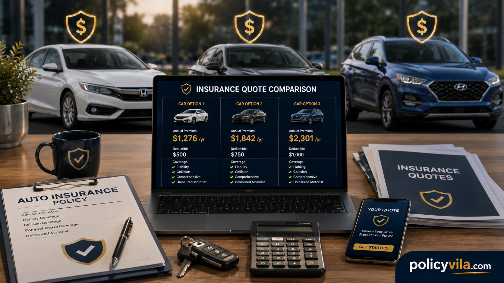 New driver checking an auto insurance quote, used-car listing, VIN, safety rating and financing before buying a car