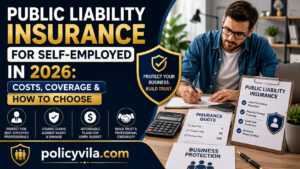 Self-employed business owner reviewing public liability insurance coverage in 2026