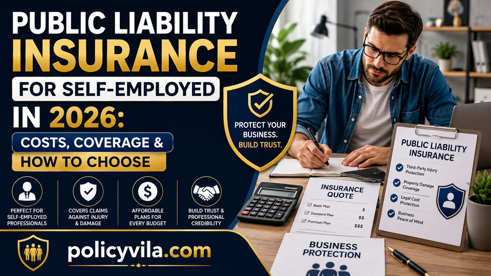 Self-employed business owner reviewing public liability insurance coverage in 2026