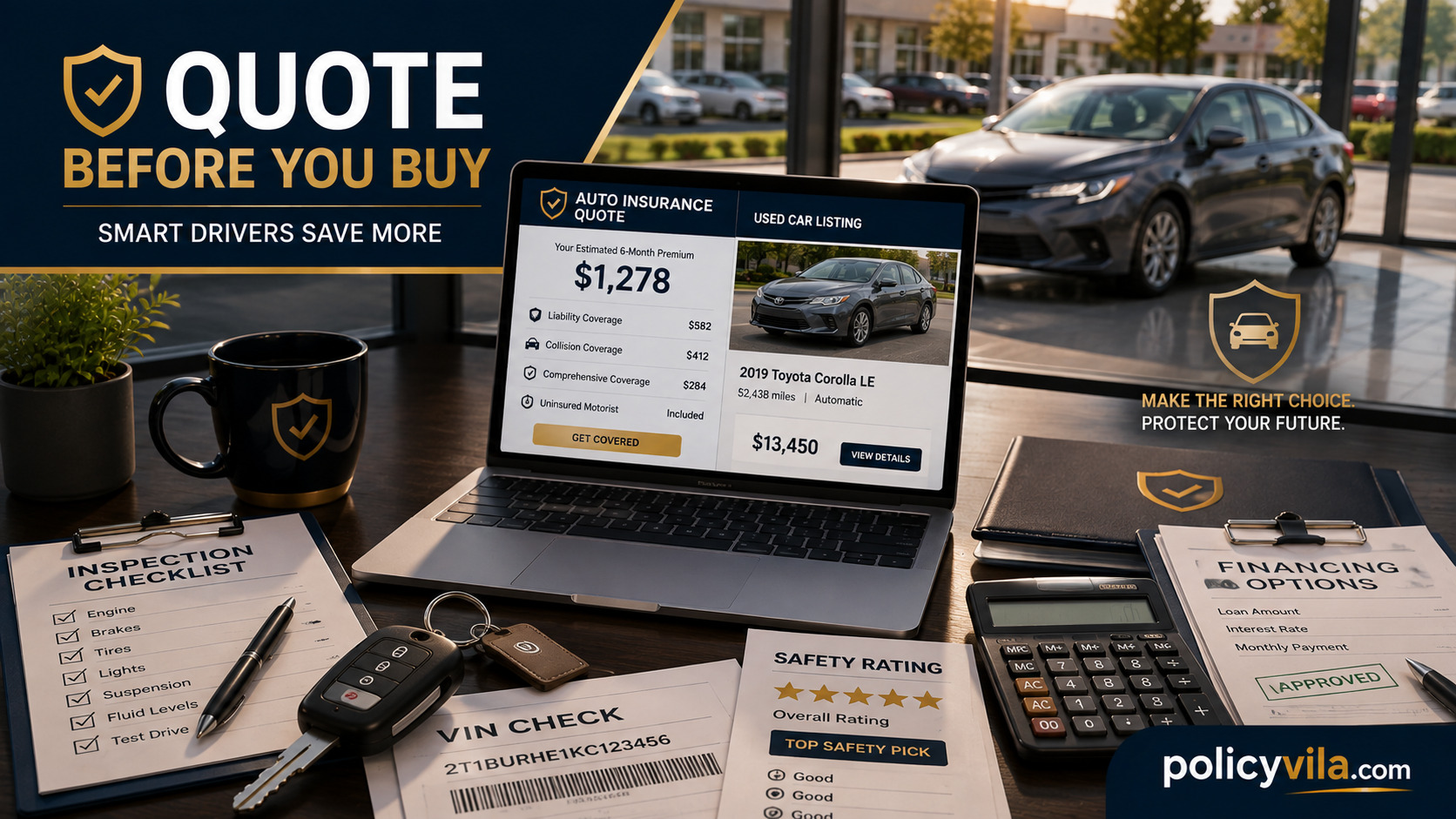 New driver comparing car insurance quotes, premiums, deductibles and coverage options for three vehicles