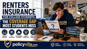 Renters insurance for college students showing a dorm room with laptop, smartphone, textbooks, headphones and personal belongings