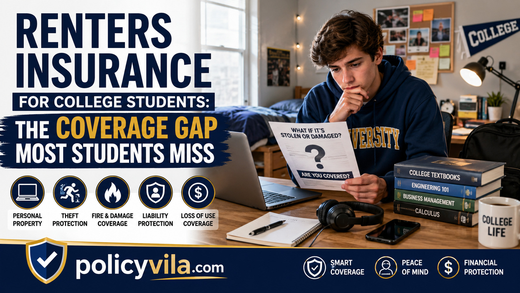Renters insurance for college students showing a dorm room with laptop, smartphone, textbooks, headphones and personal belongings