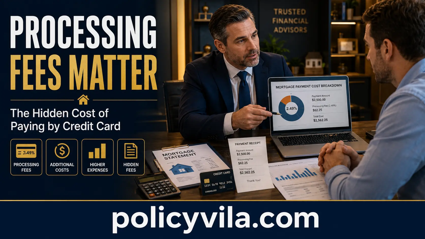 Rewards vs fees comparison for paying a mortgage with a credit card featuring financial charts, mortgage statement, and calculator.