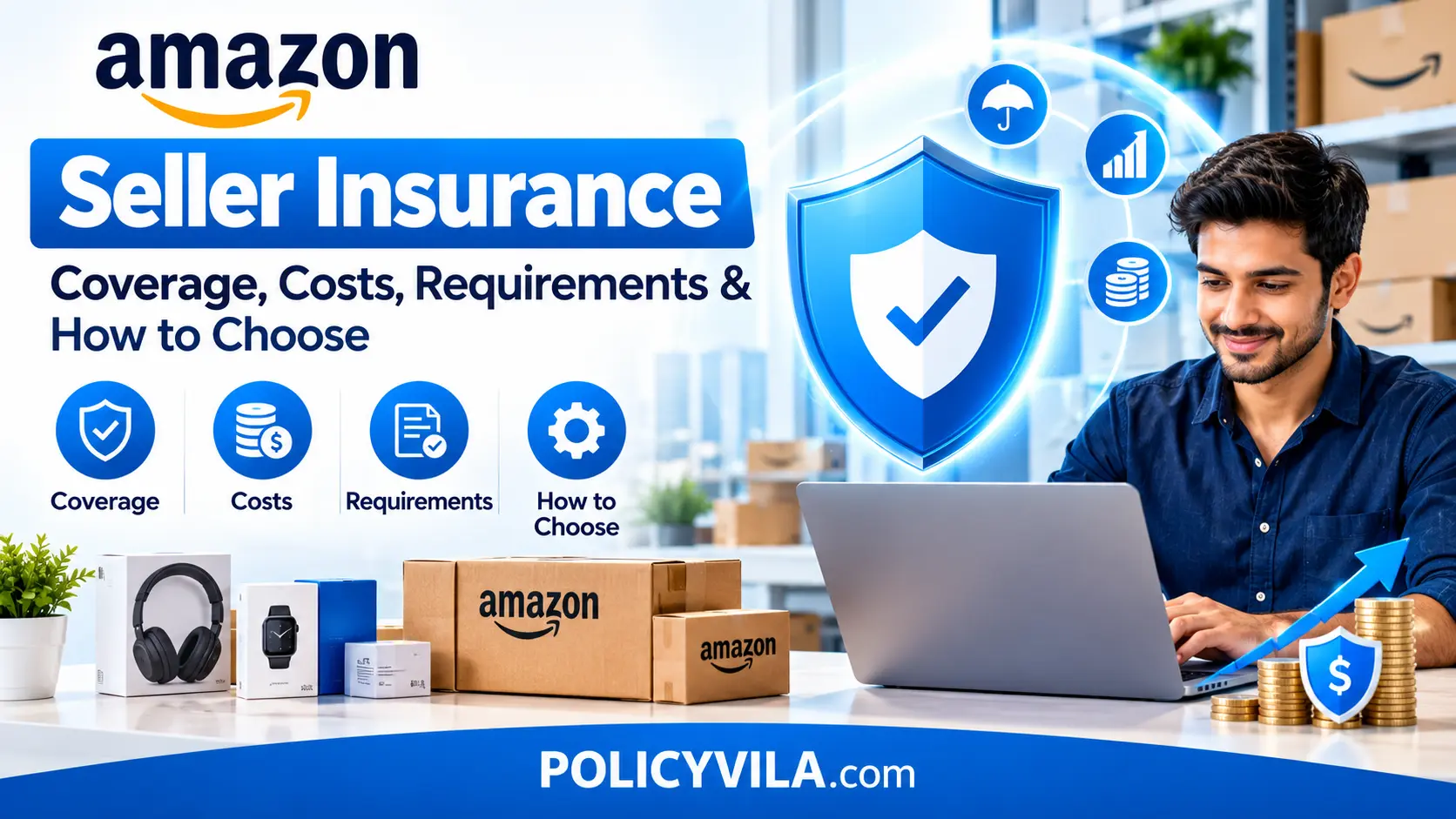 Coverage* — “Amazon seller insurance coverage concept with liability protection shield and ecommerce products