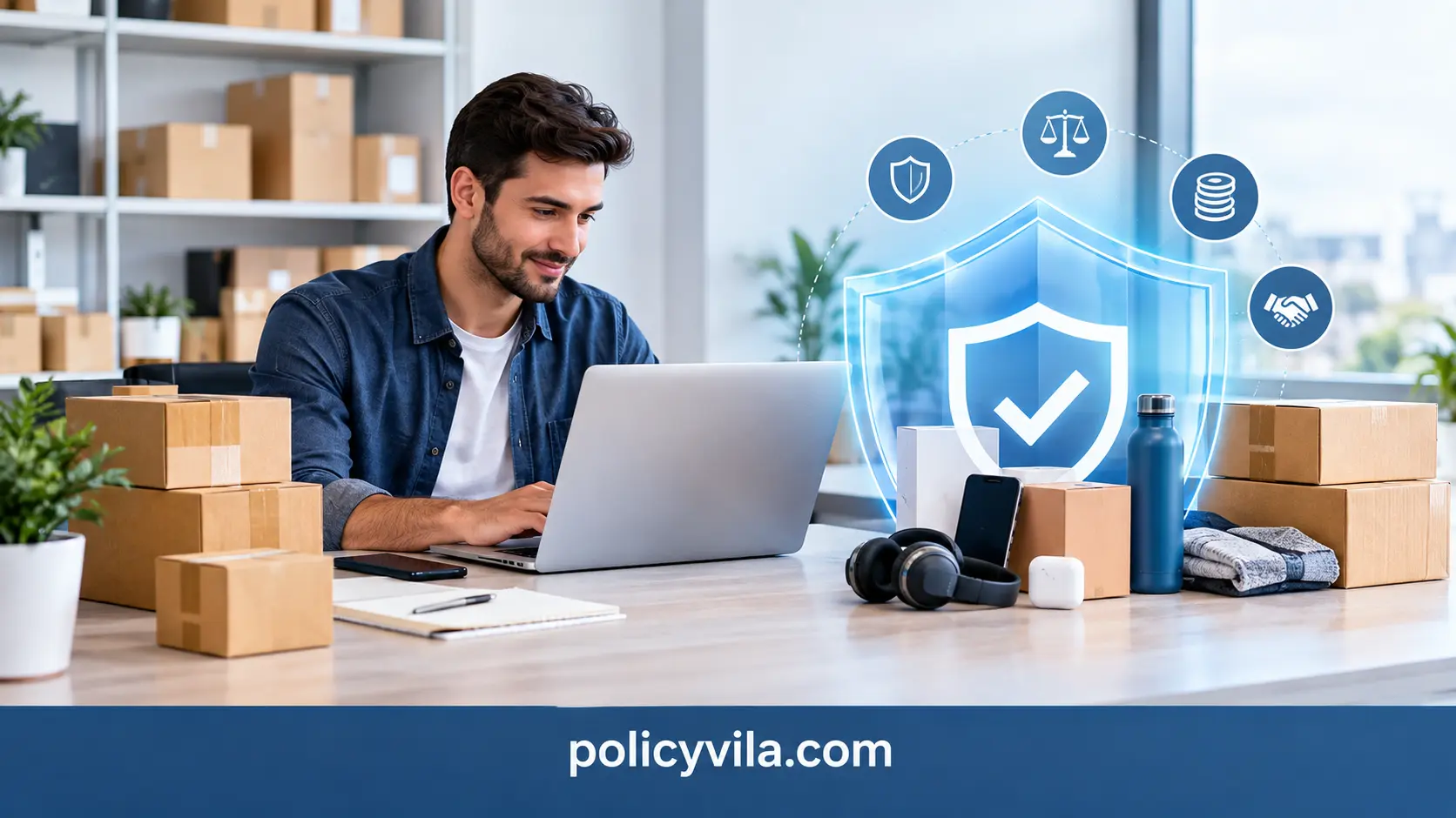 Amazon ecommerce business protected by insurance shield with product inventory and shipping packages