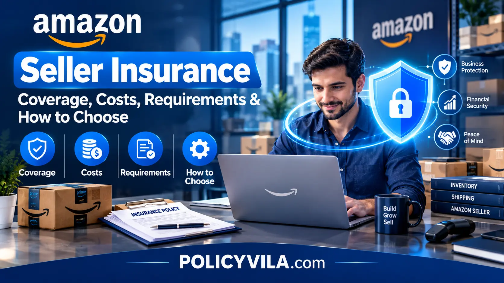 Costs* — “Amazon seller insurance costs with calculator, financial documents, and ecommerce business packages