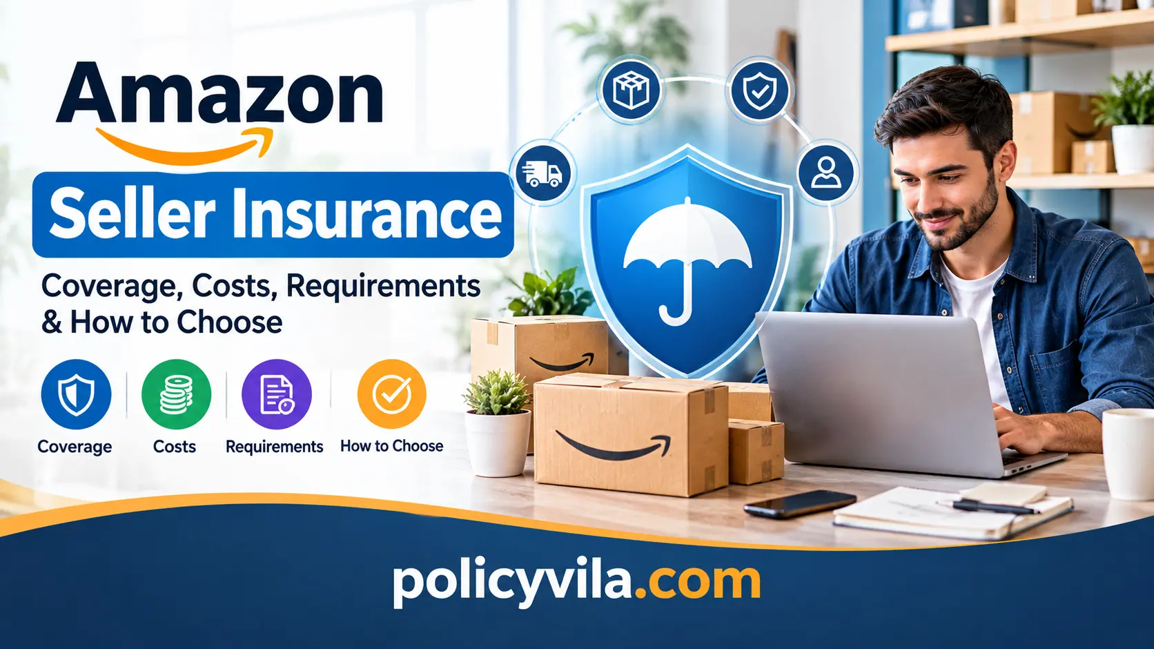 Amazon Seller Insurance overview* — “Amazon seller reviewing business insurance coverage with laptop, shipping packages, and protective shield