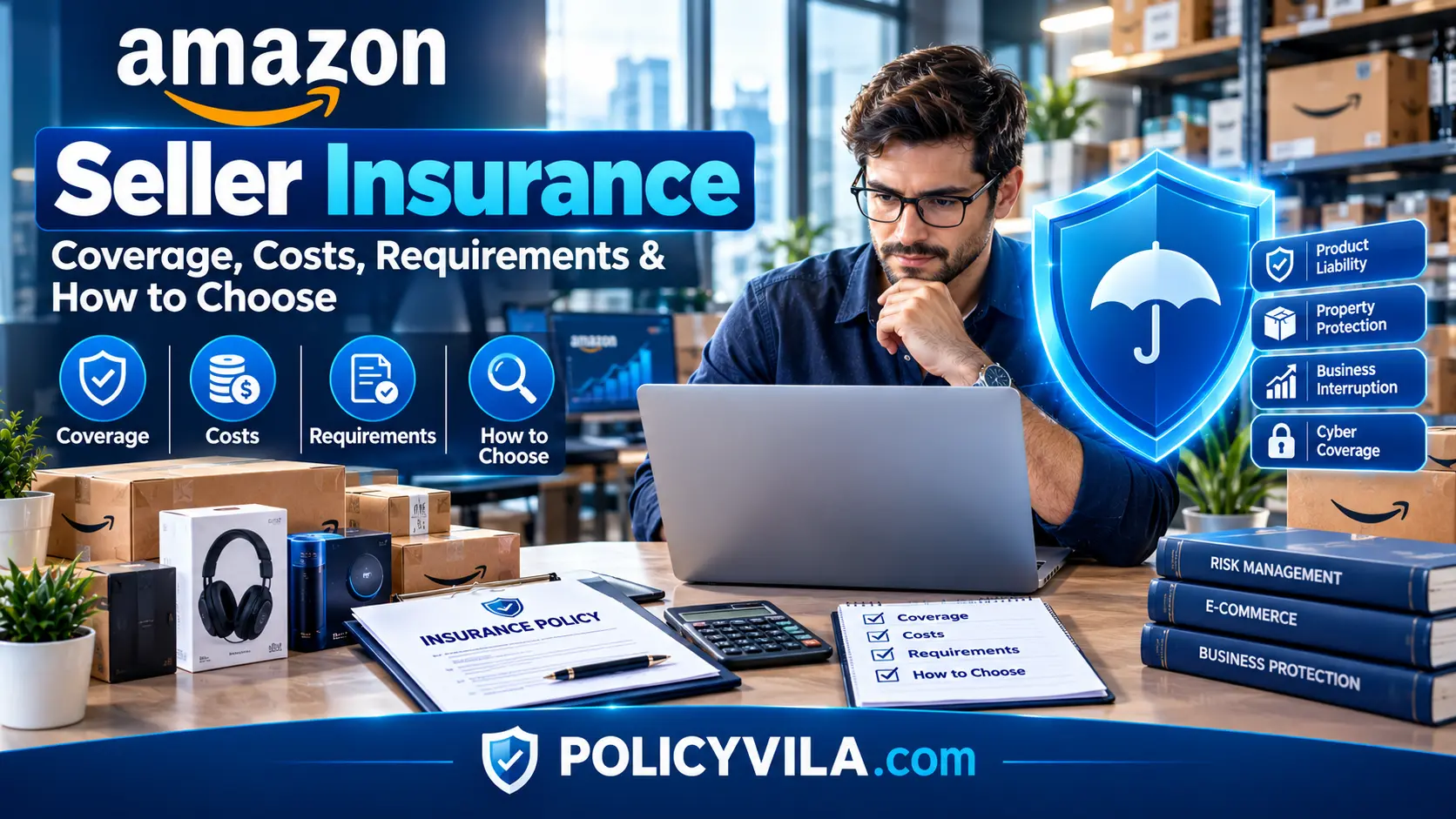 Requirements* — “Amazon seller insurance requirements shown with policy documents, checklist, and business inventory
