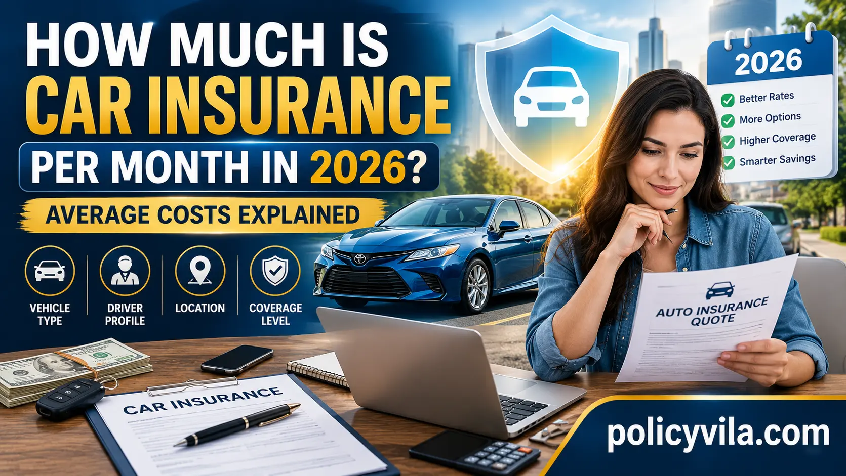 Car insurance cost per month in 2026 showing average monthly rates