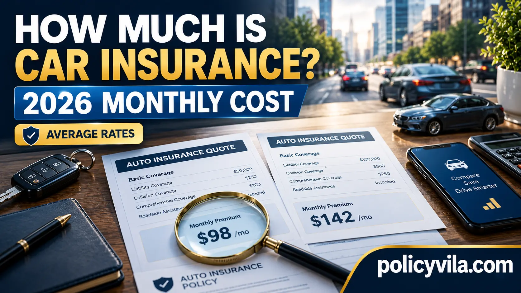 Driver reviewing monthly car insurance costs and coverage options in 2026
