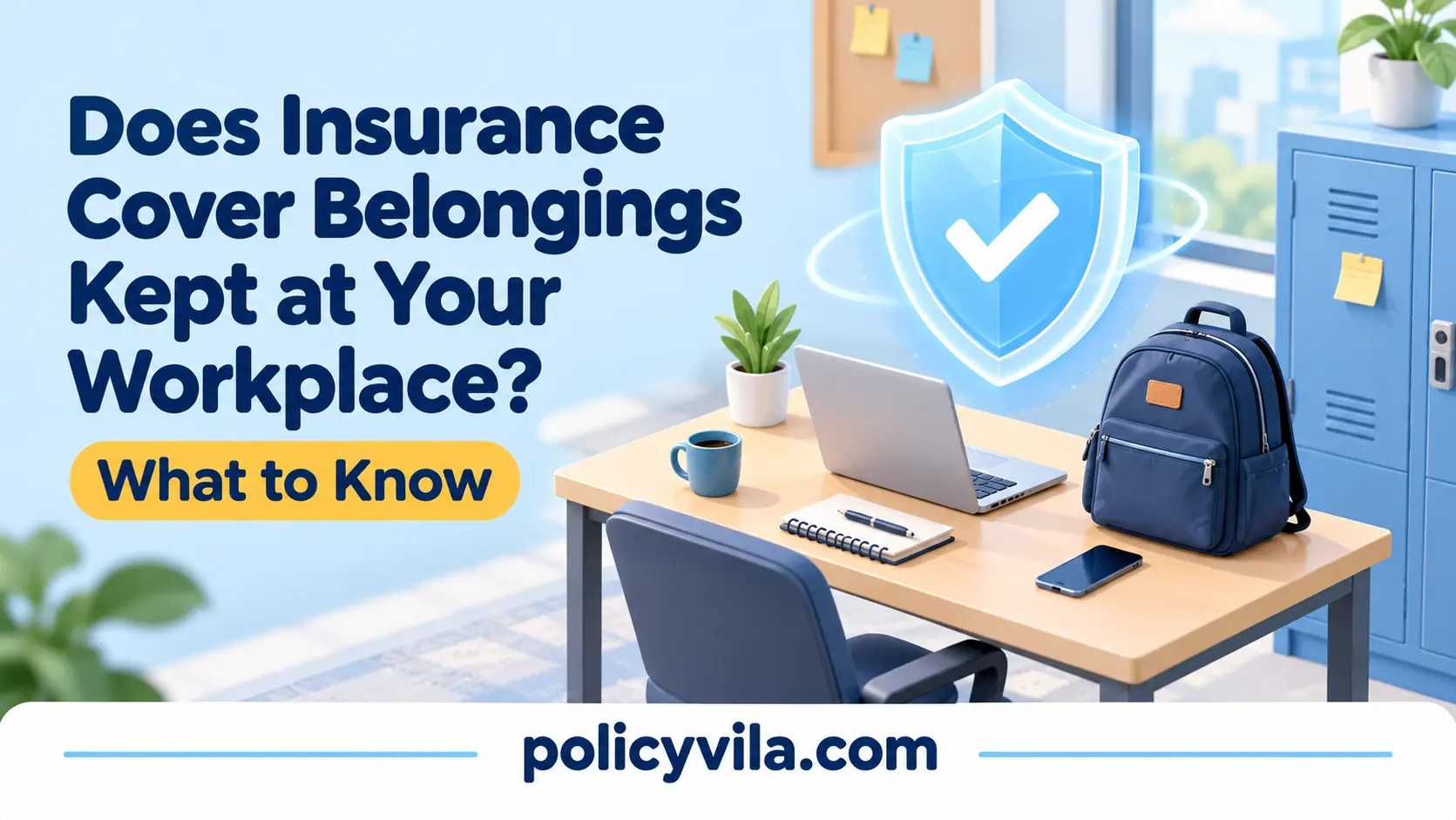 Does insurance cover belongings kept at your workplace? Professional insurance illustration with office items and protection shield