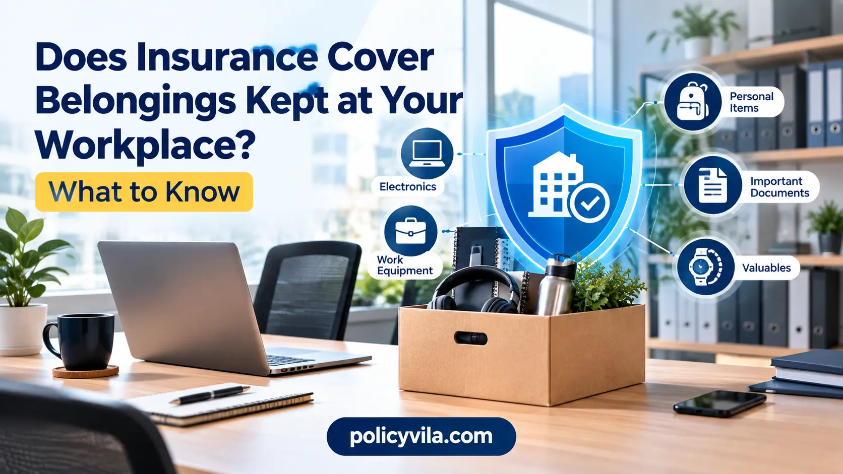 Does insurance cover belongings kept at your workplace? Illustration of office belongings protected by insurance