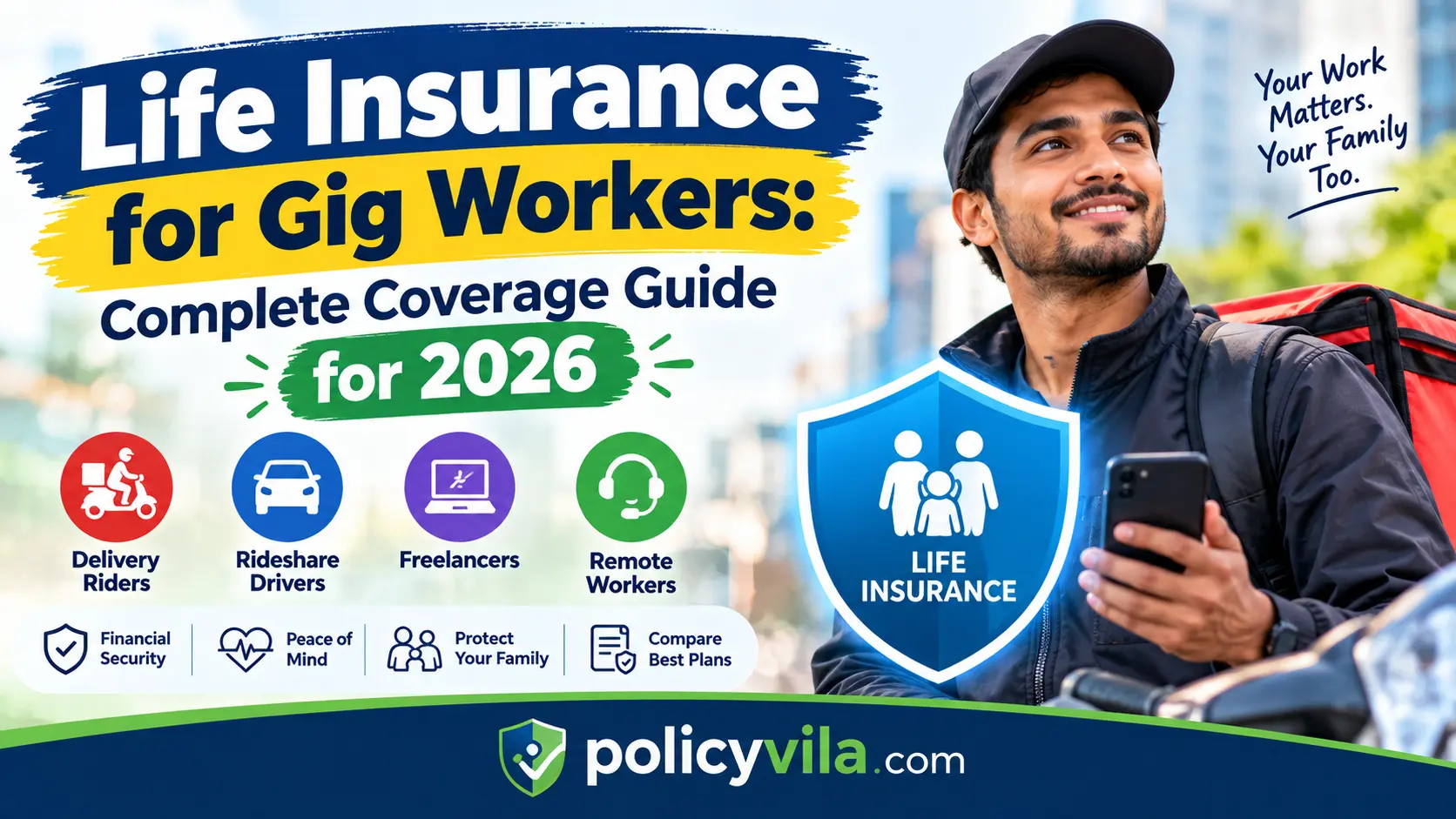 Gig worker and freelancer standing together with life insurance protection illustration