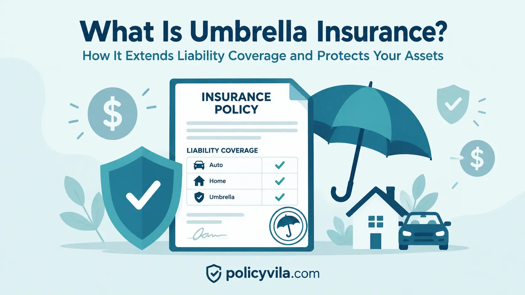 Family standing under an umbrella that also shields their home and car, illustrating personal liability protection