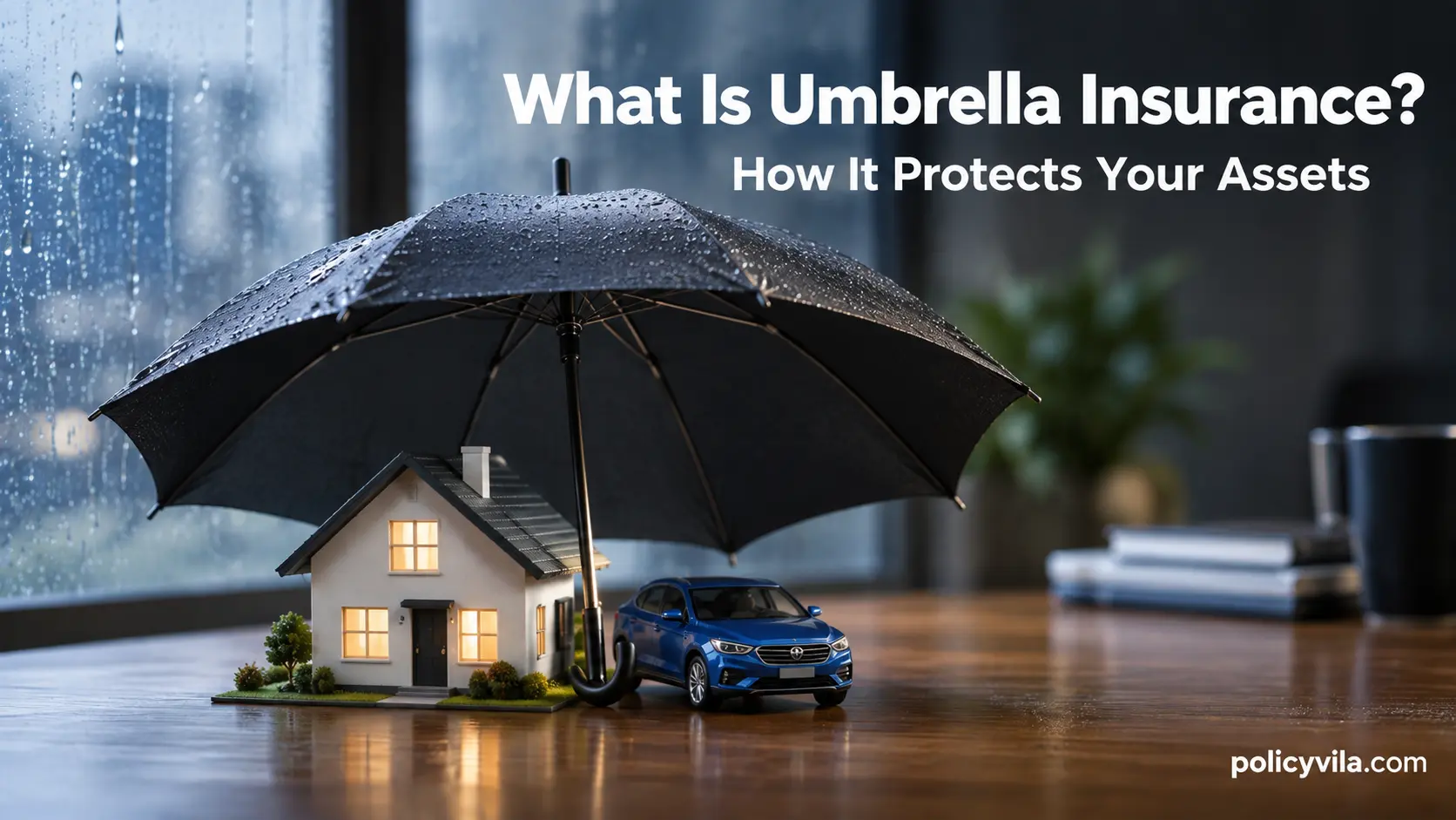 Insurance policy document with umbrella and shield icons illustrating liability coverage details