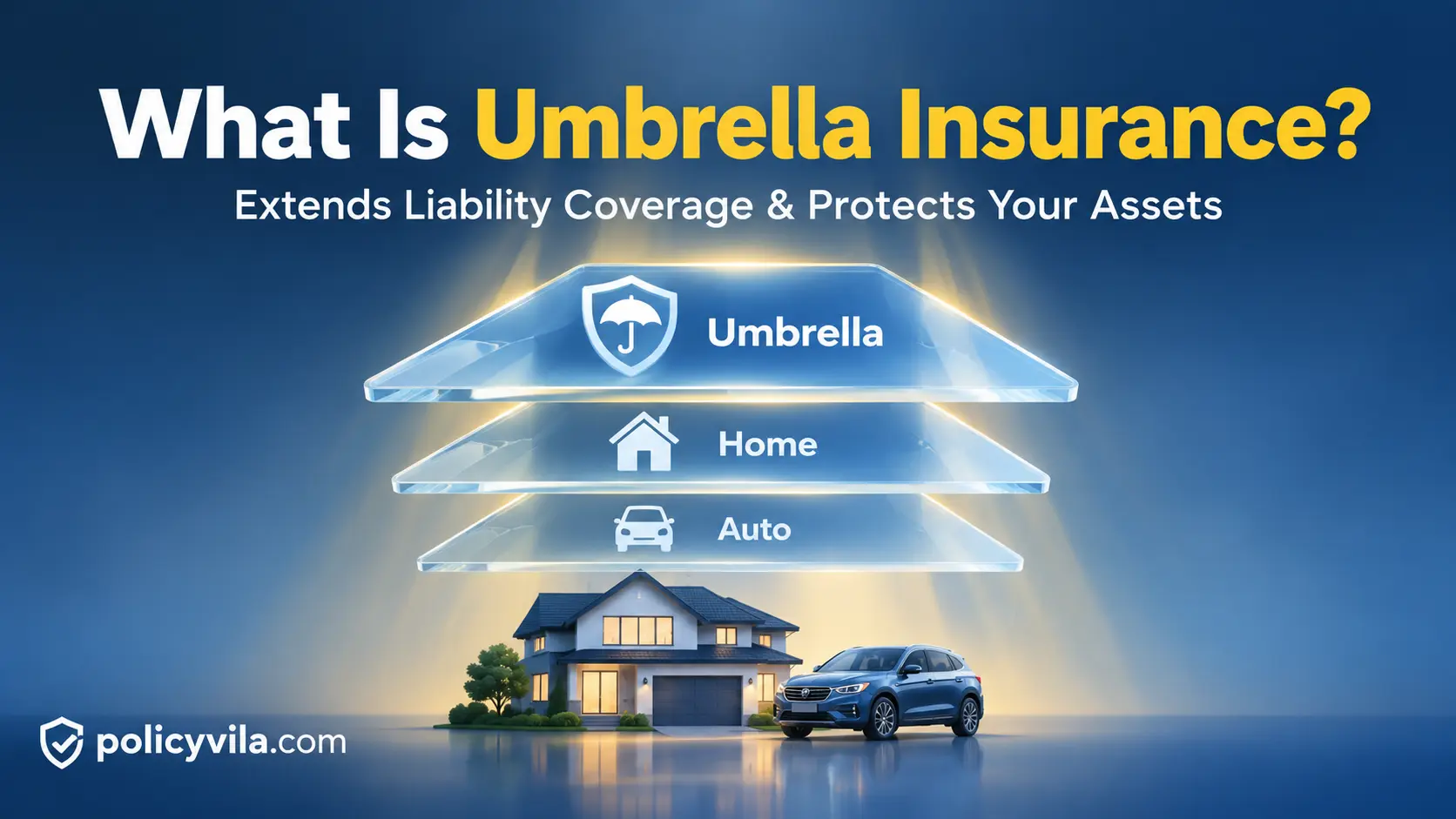Umbrella held above a model house and car, symbolizing how umbrella insurance protects personal assets