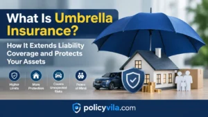 Umbrella insurance illustration showing a shield covering a house and car, representing extended liability coverage