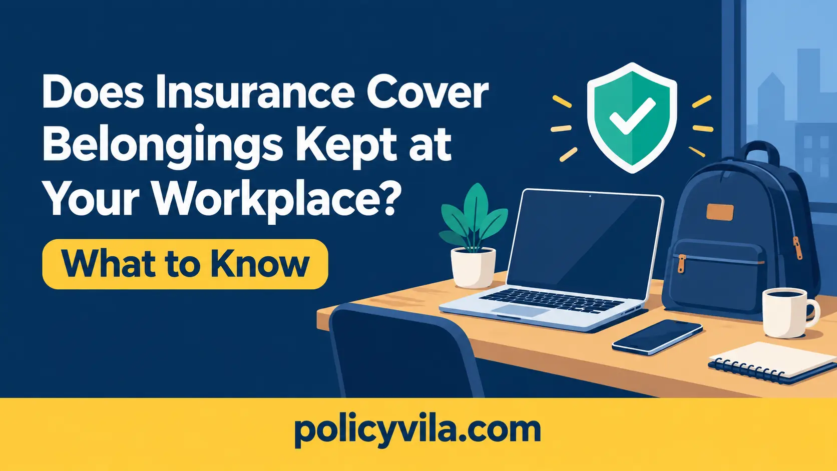 Personal belongings at a workplace, including a laptop, backpack, and smartphone, with an insurance protection shield